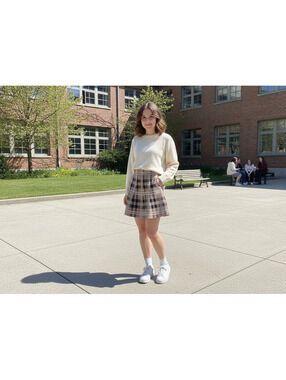 Classic Beige and Black Plaid Pleated pull up Skirt